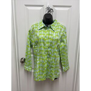 Tizzie Green Blue Ming Vase Button Up Long Sleeve Top Blouse Whimsical - Size XL